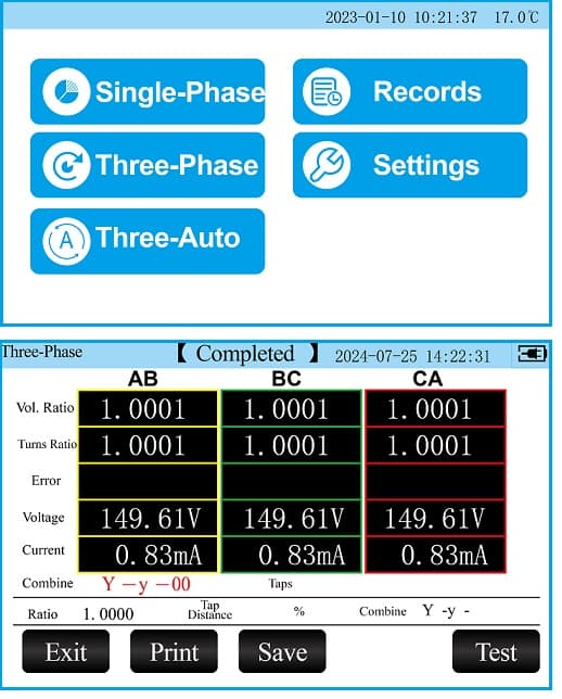 JYT-A <a href=http://www.kritester.com/transformer-turns-ratio-tester.html target='_blank'>turn ratio tester</a>'s user interface and test result