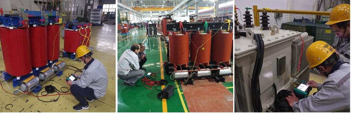 workers are testing winding resistance value in transformer factory