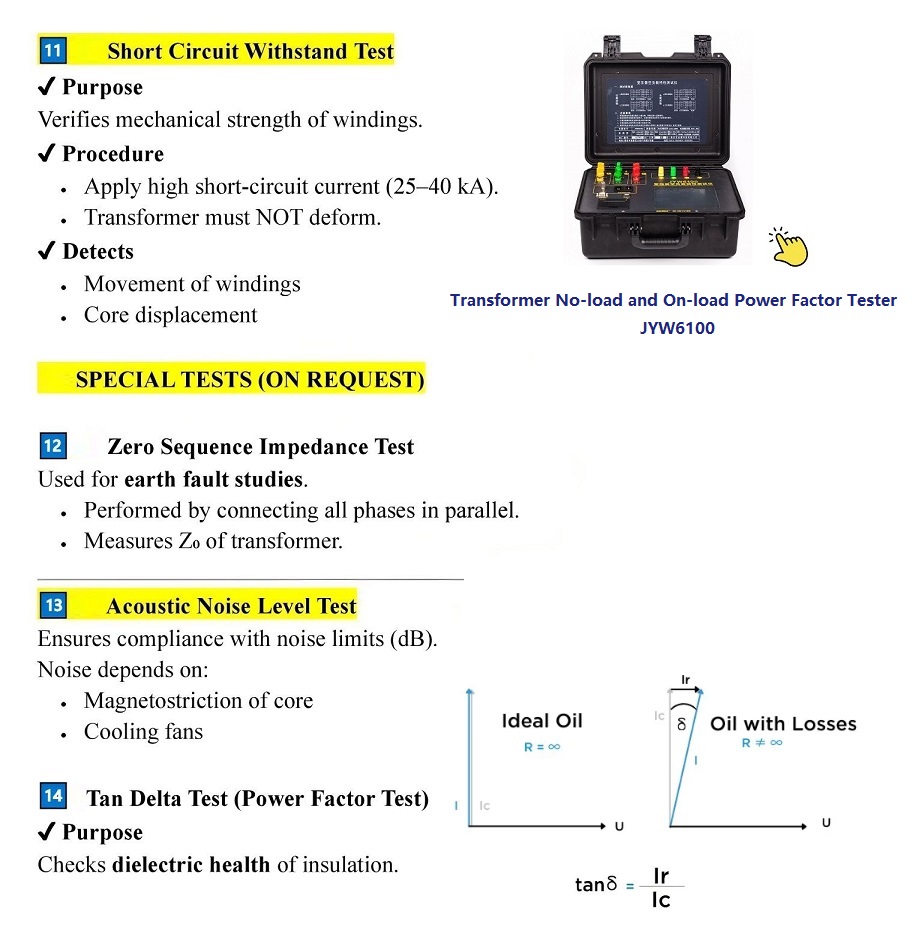 transformer short circuit withstand test, zero sequence impedance test, acoustic noise level test