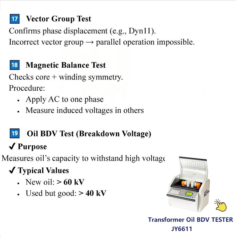 transformer vector group test, magnetic balance test, oil bdv test